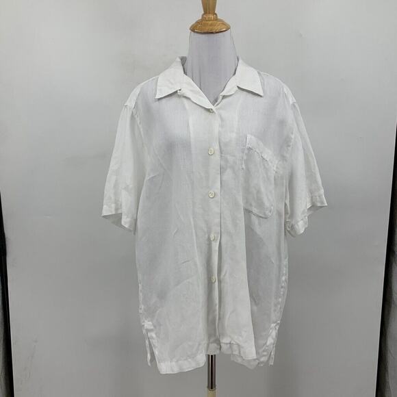 Edward Shirt Womens XL Extra Large White Linen Button Front Short Sleeve Collar - Picture 2 of 10
